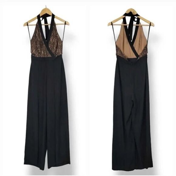 NEW BCBG MAXAZRIA Faux Wrap Lace Halter Split Hem Jumpsuit in Black Size Small - Picture 3 of 13